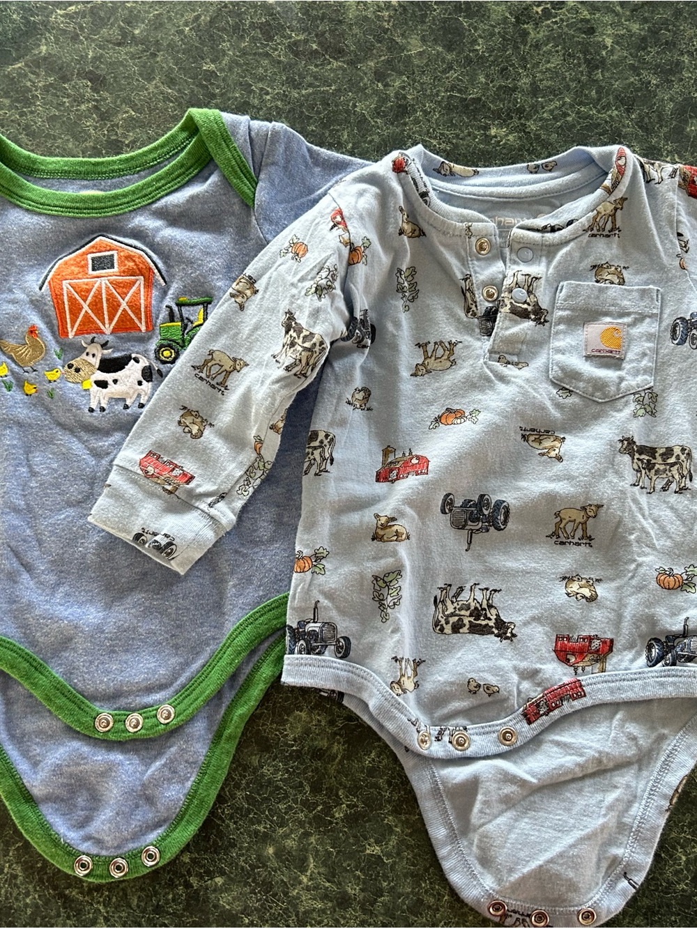 Carhartt Onesie Light Blue Farm Print & John Deere Solid Blue